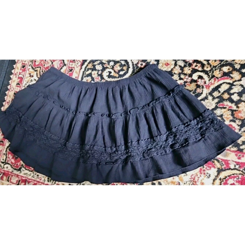 Vtg Retro 7-9 28 11" Black Micro Mini Low Rise Crochet Ruffle Boho Gauze Skirt